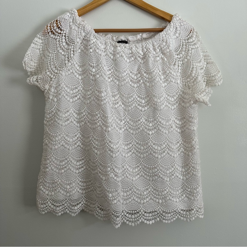 Talbots white lace overlay blouse short sleeve cinch neckline